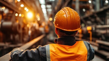 Back view of an industrial worker, wearing safety equipment, standing in a large workshop lit by ambient light, depicting the intrigue and complexity of engineering.