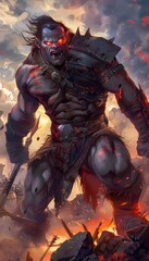 Fierce Warrior in Battle Rage with Glowing Red Eyes on Dynamic Battlefield Background