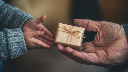 Generational connection: child giving gift to elderly hand for celebration and bonding