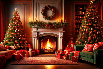Fototapeta premium Cozy Christmas Living Room with Fireplace and Decorated Trees