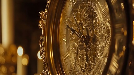 Antique Gold Clock Face Close Up Detail of Intricate Design and Mechanism, Time and Luxury Concept