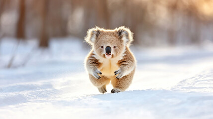 Adorable baby koala running on snow in a winter forest, creating a unique and captivating scene