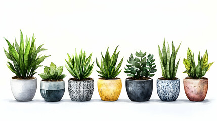 Obraz premium Watercolor Painting of Seven Houseplants in Pots, potted plants, indoor plants, green plants, succulents, snake plant