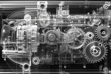 Industrial X-Ray of Gearbox Revealing Intricate Internal Gears and Mechanisms for Mechanical Analysis
