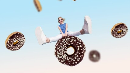 Creative motion art collage video of excited girl ride chocolate donut sweet dessert pastry cafe confectionary food 