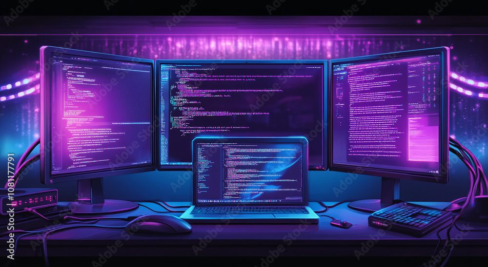 Poster a dark desk with three monitors, one laptop, and a keyboard. the monitors and laptop are displaying 