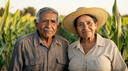 Elderly farming couple posing in their corn field at sunset
