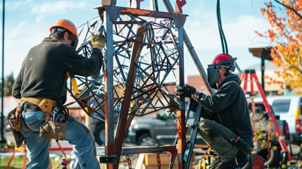 Obraz premium Outdoor Art Installation Assembly by Welders Showcasing Public Art Design and Creativity