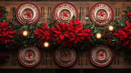 Festive Christmas Table Setting with Red and White Plates, Holly, and Poinsettia