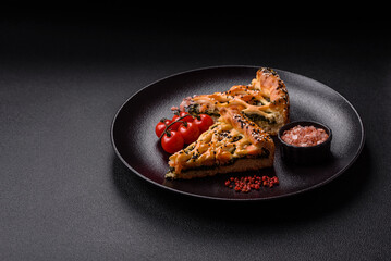 Pieces of quiche with salmon, spinach or broccoli, salt and spices