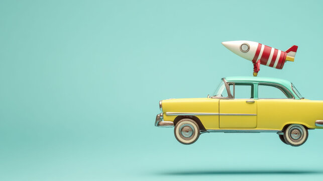 Vintage yellow car with a toy rocket on top against a teal background, AI