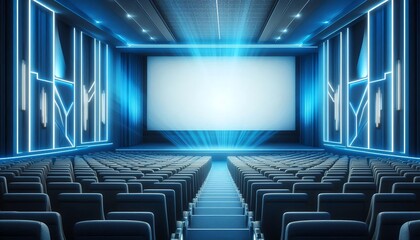 Fototapeta premium Modern cinema interior with illuminated screen and empty seats designed for a premium viewing experience in a contemporary theater