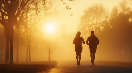 Fototapeta premium Two runners jogging in a misty city park at sunrise, surrounded by golden light and serene nature