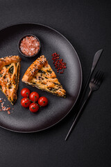 Pieces of quiche with salmon, spinach or broccoli, salt and spices