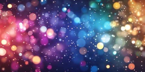 Abstract colorful bokeh lights background with red, blue, and yellow colors and glitter.