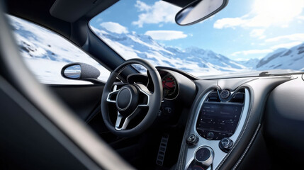 Sleek sports car interior with a snowy mountain view through the windshield, AI