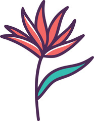 Bird of Paradise flower with colorful petals illustration, Vector illustration of a Bird of Paradise flower featuring vibrant orange and yellow petals, green stem, and blue-green leaves, showcasing an