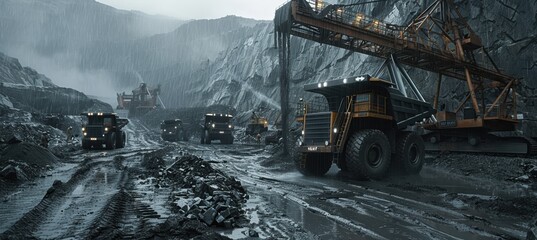 Heavy Machinery Navigating Muddy Mining Site Under Rainstorm Conditions