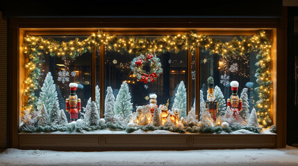Fototapeta premium Charming storefront window decorated with miniature holiday village and Christmas ornaments for festive ambiance