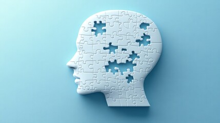 Human head made of puzzle pieces on blue background, concept of mental health and awareness