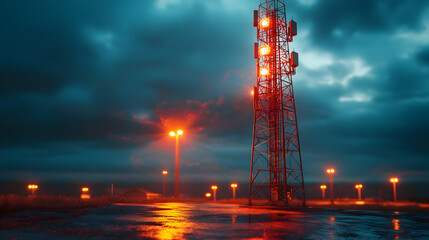 Obraz premium Illuminated Communication Tower at Night, cell tower, telecommunications, antenna, dark sky, stormy sky