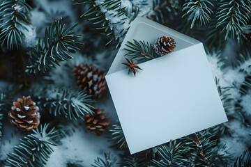 Flat lay of a blank white invitation card and envelope surrounded by frosted pinecones, snow-dusted branches, and cozy knit fabric