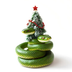 Fototapeta premium A playful green snake wrapped around a decorated Christmas tree with a red star and ornaments in a whimsical holiday arrangement