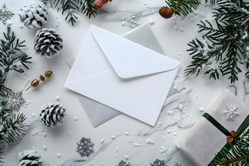 Flat lay of a blank white invitation card and envelope surrounded by frosted pinecones, snow-dusted branches, and cozy knit fabric