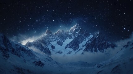 A majestic mountain range covered in snow, illuminated by the light of a starry night sky.