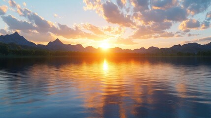 Naklejka premium Majestic Sunset over Serene Mountain Lake