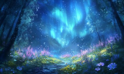 Fototapeta premium Mesmerizing Northern Lights Dance Above an Enchanted Forest Teeming with Ethereal Flowers