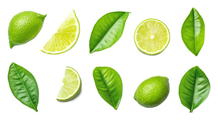 set of lemon green leaves isolated on a white background