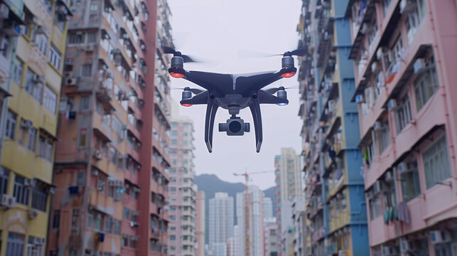 Drone volando entre edificios altos en ciudad densa