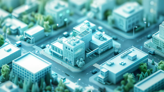 Maqueta 3D de ciudad moderna con calles y edificios en tonos pastel