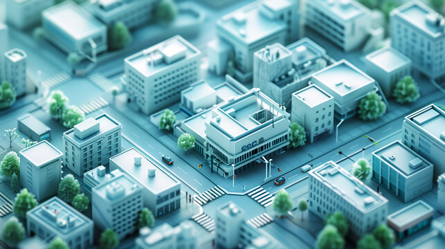 Maqueta 3D de ciudad moderna con calles y edificios en tonos pastel