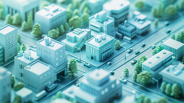Maqueta 3D de ciudad moderna con calles y edificios en tonos pastel