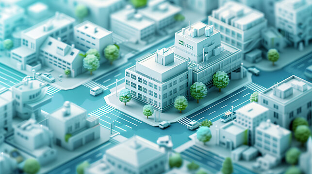 Maqueta 3D de ciudad moderna con calles y edificios en tonos pastel