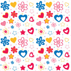 Blue, pink, yellow hearts and stars and flowers, cute vector illustrations 