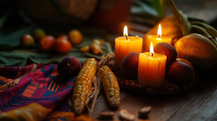 Obraz premium Lit candles with corn and fruits on a wooden table
