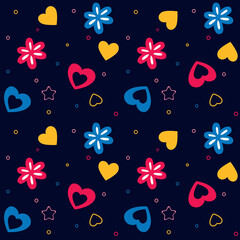 Blue, pink, yellow hearts and stars and flowers, cute vector illustrations on a dark background
