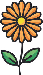 Orange daisy flower with green leaves illustration, Vector illustration of an orange daisy flower with slender petals, a yellow center, and two green leaves, outlined in bold for a vibrant design.
