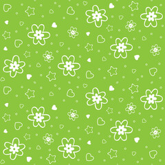 white doodle flowers and hearts, seamless pattern on a green background