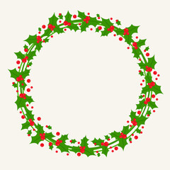 Christmas round frame with s holly leaves and berries