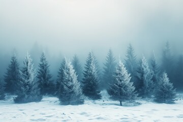 Obraz premium Winter landscape featuring evergreen trees blanketed in snow, peaceful and tranquil atmosphere under a cloudy sky.
