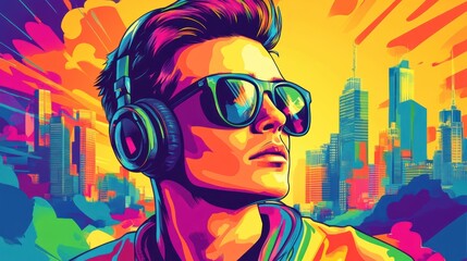 A colorful pop art style poster of an attractive young man wearing headphones and sunglasses © Alfan Mask