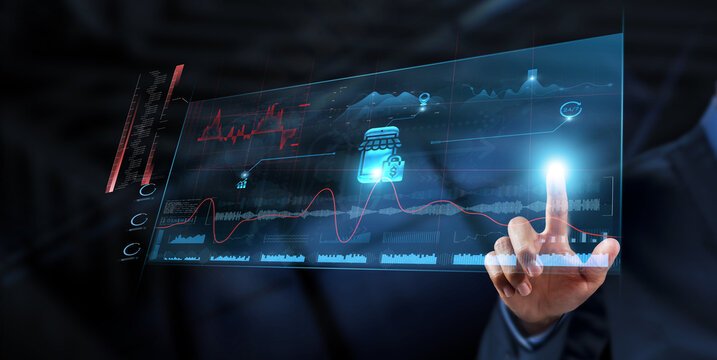 Mobile Commerce: Businessman analysis data strategy with graph on digital screen. Online transactions, mobile payments, user experience, digital marketing, e-commerce platforms, customer engagement.