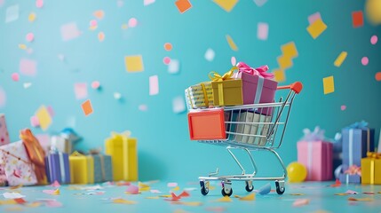 Fototapeta premium A dynamic scene capturing a shopping cart overloaded with assorted gift boxes symbolizing the excitement and abundance of choices during a sale AI generated illustration