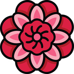 Red and pink layered floral motif illustration, Vector illustration of a stylized flower with bold red and pink layered petals, featuring a central detailed pattern and a thick black outline.
