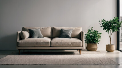 Stylish Living Room with Sofa and Green Plant Decor
