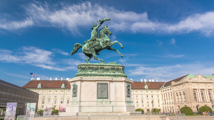 Statue rider Erzherzog Karl on horseback with flag in hand timelapse hyperlapse. Heldenplatz. Vienna
